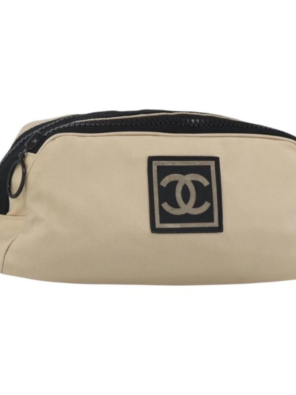 CHANEL Sports Clutch Bag Nylon Beige Black CC Auth BA8411